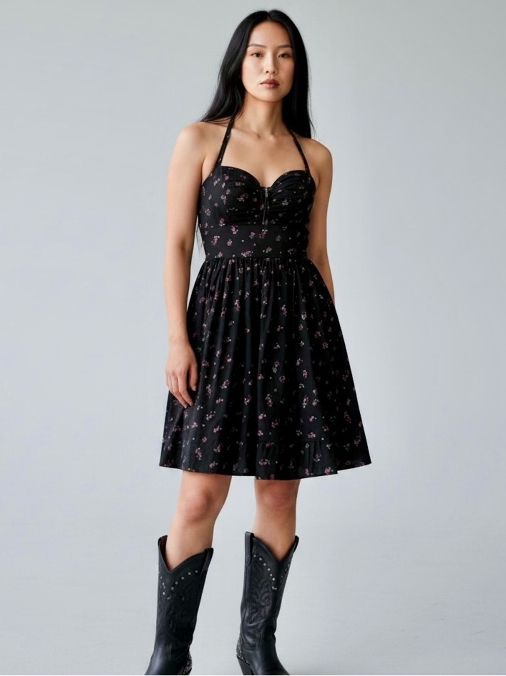 GUESS Los Angeles Floral Halter Mini Dress Black Size 3 Cottagecore Ruffle